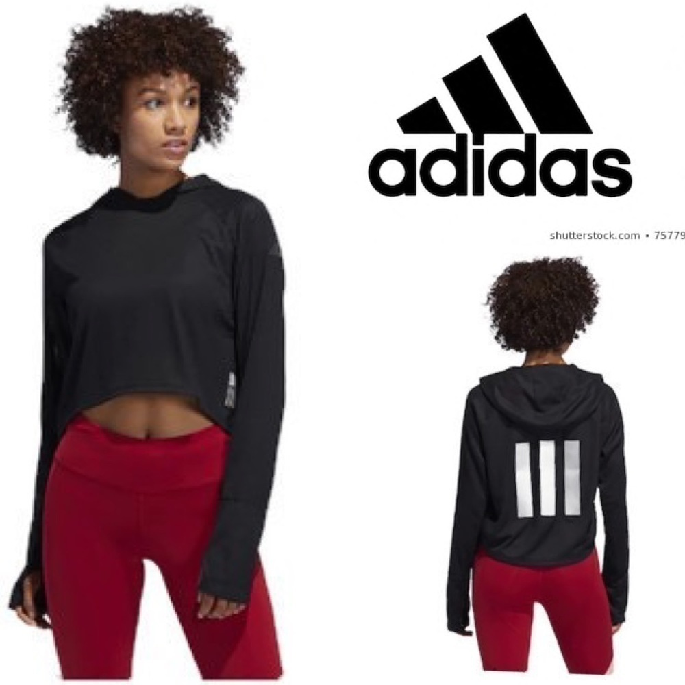 Adidas Woven Black Crop Hoodie Top Rise Up and Run
